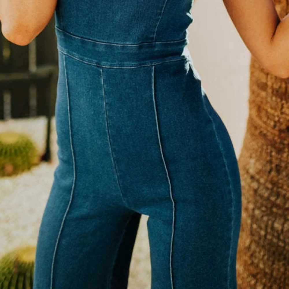 Notched Retro Flare Bell-Bottom Skinny Fit Sleeveless Jean 70’s Denim Jumpsuit_14